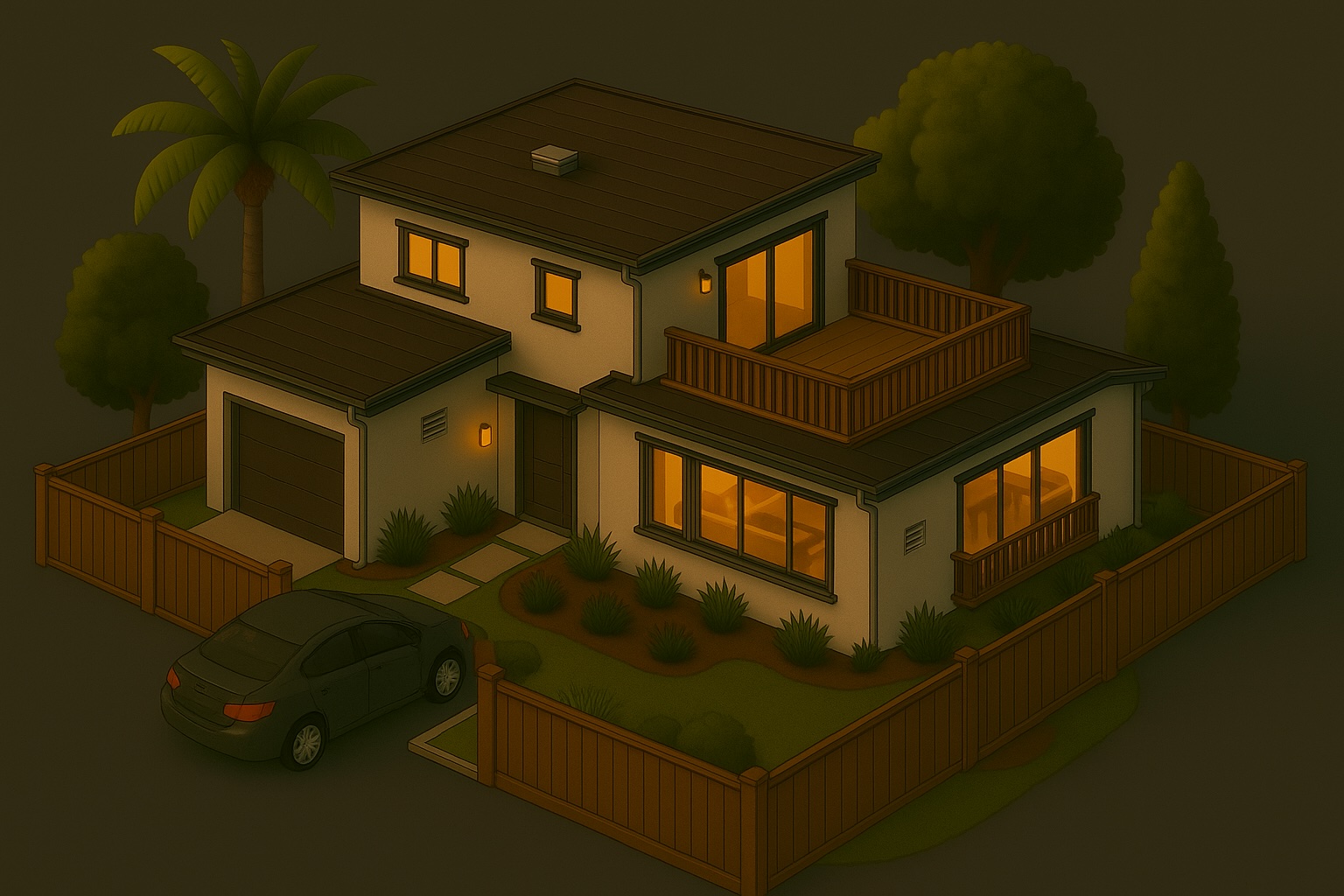 Illustration of a home with defensible landscaping