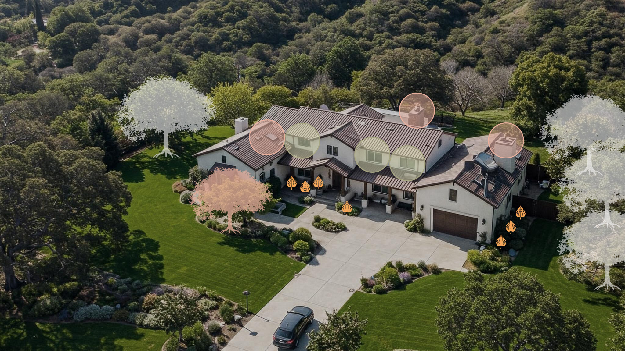 Estate home assessment image with roof and vegetation risk areas marked