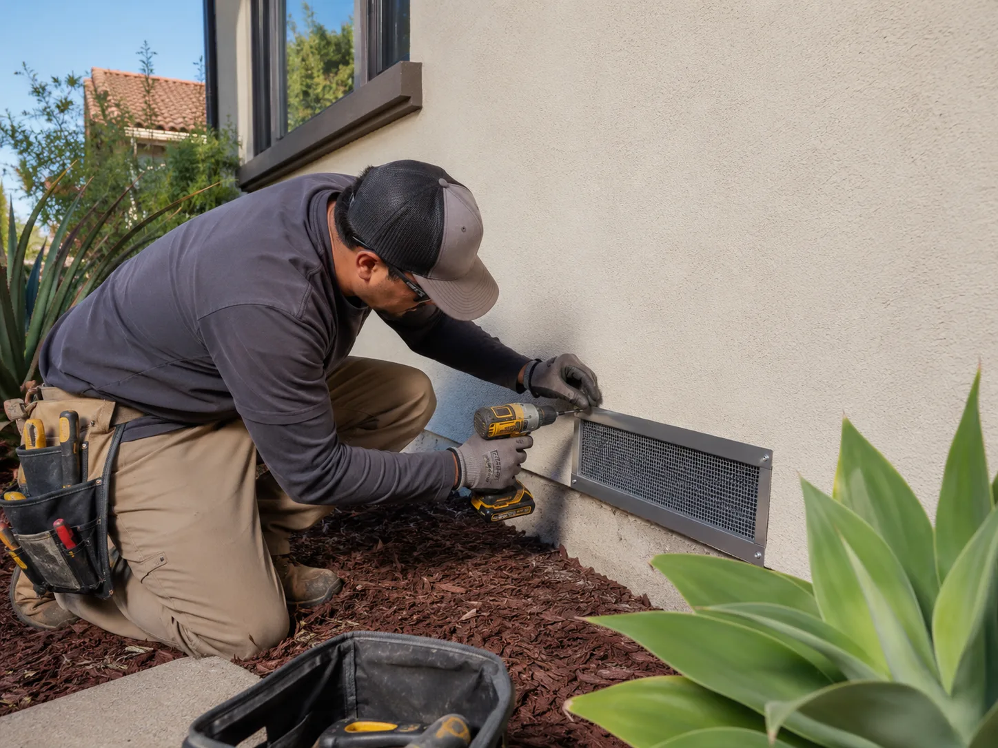 RF1 crew member installing ember-resistant protection on a home