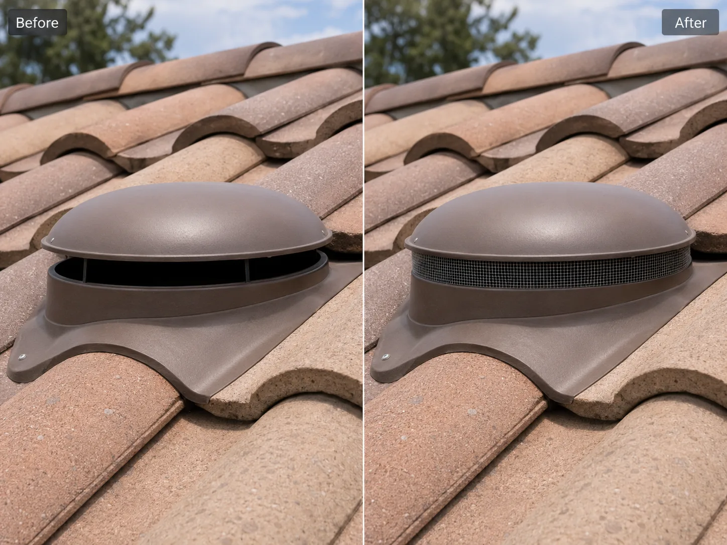 Circular roof vent before and after ember-resistant upgrade