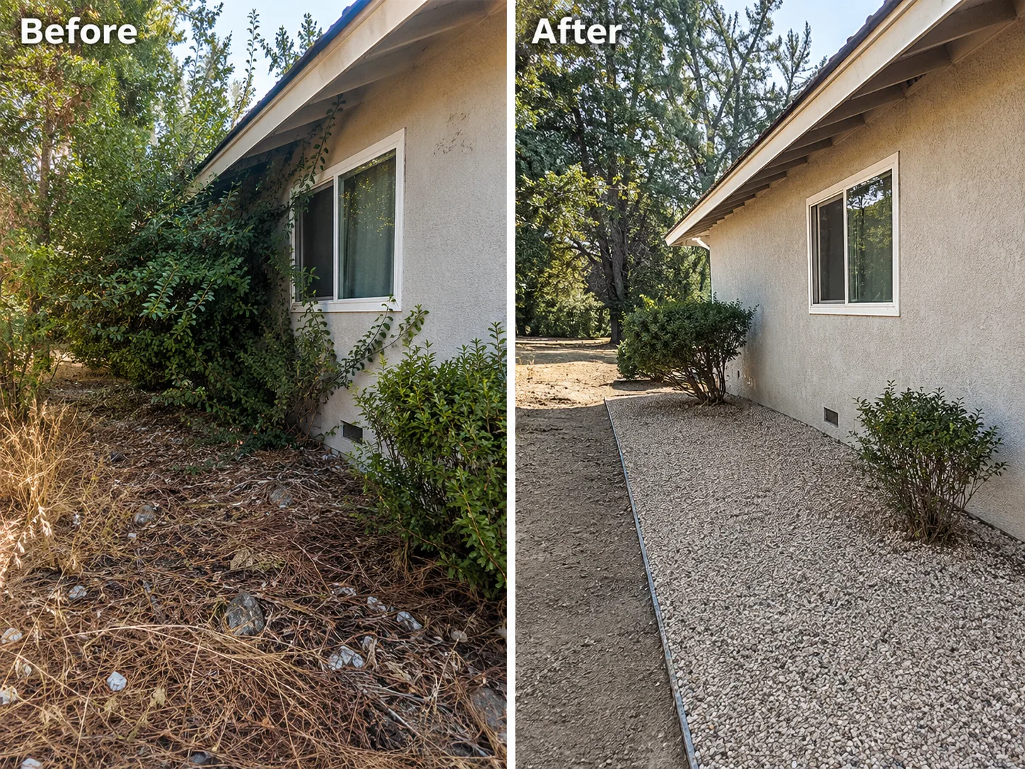 Before and after Zone 0 cleanup around a home wall