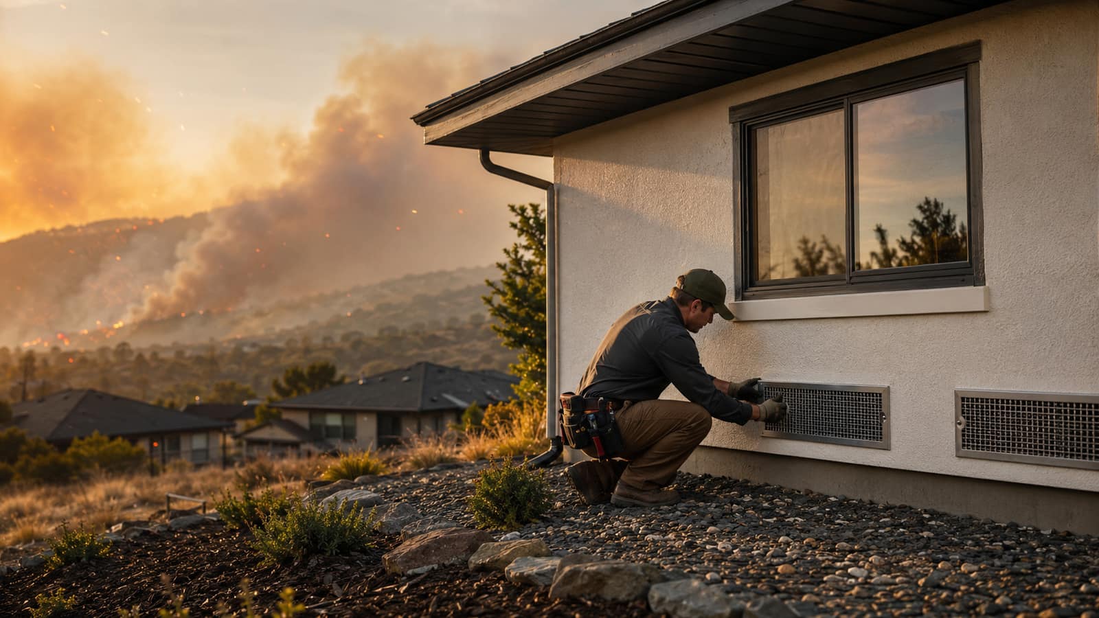 An installer fits an ember-resistant foundation vent while a wildfire burns on the ridge behind the neighborhood
