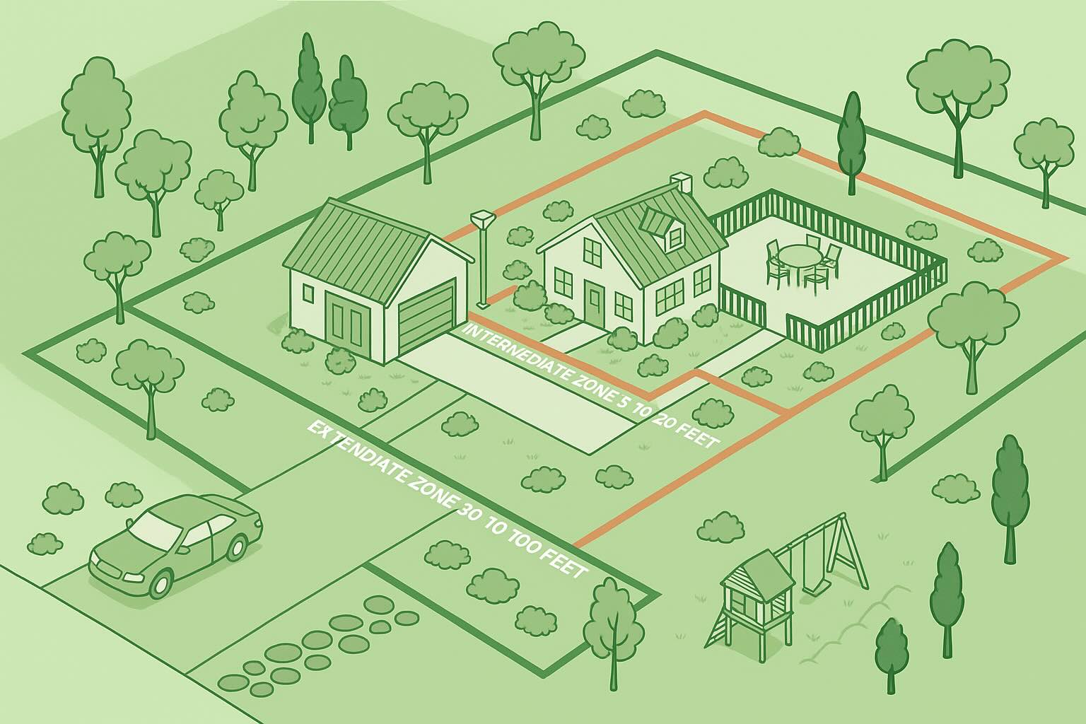 Wildfire defensible space zones around a home
